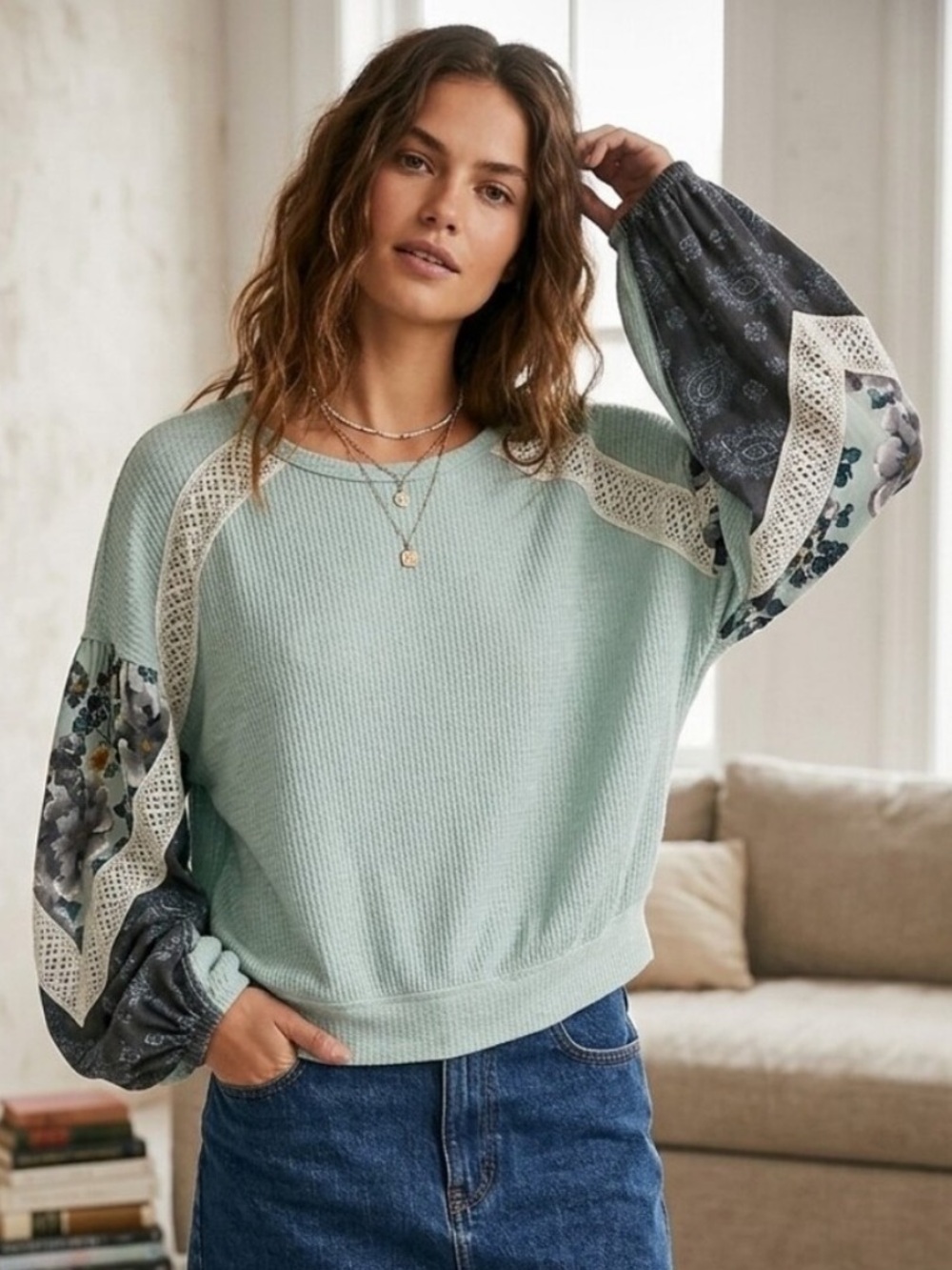 Free People Patched Balloon Sleeve Size Small Thermal Top in Mint